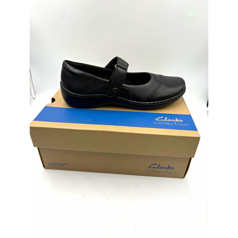 Clarks Collection Black Leather Mary Jane Comfort Hook & Loop Women's 9M